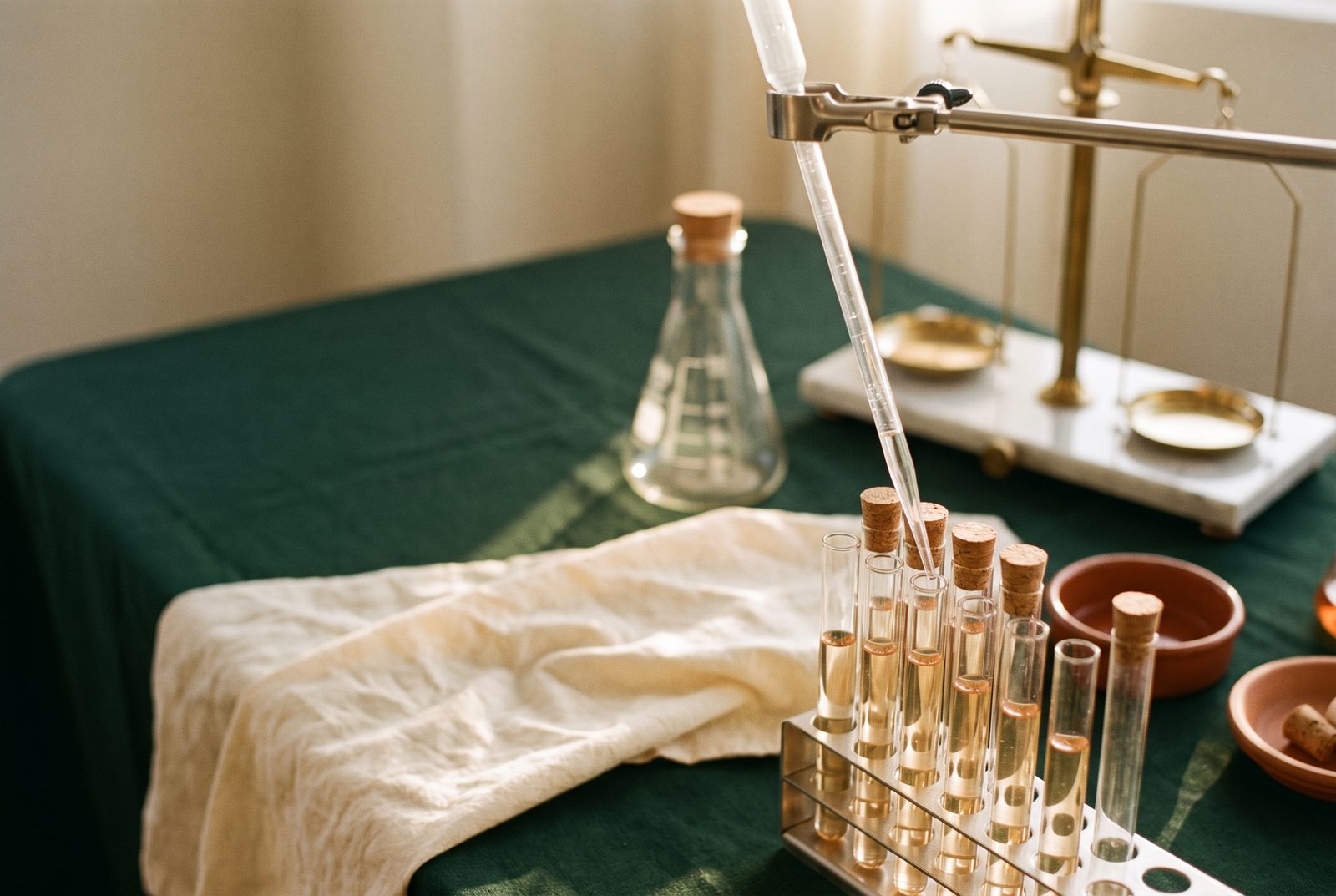 Laboratory glassware, a pipette and an analytical balance