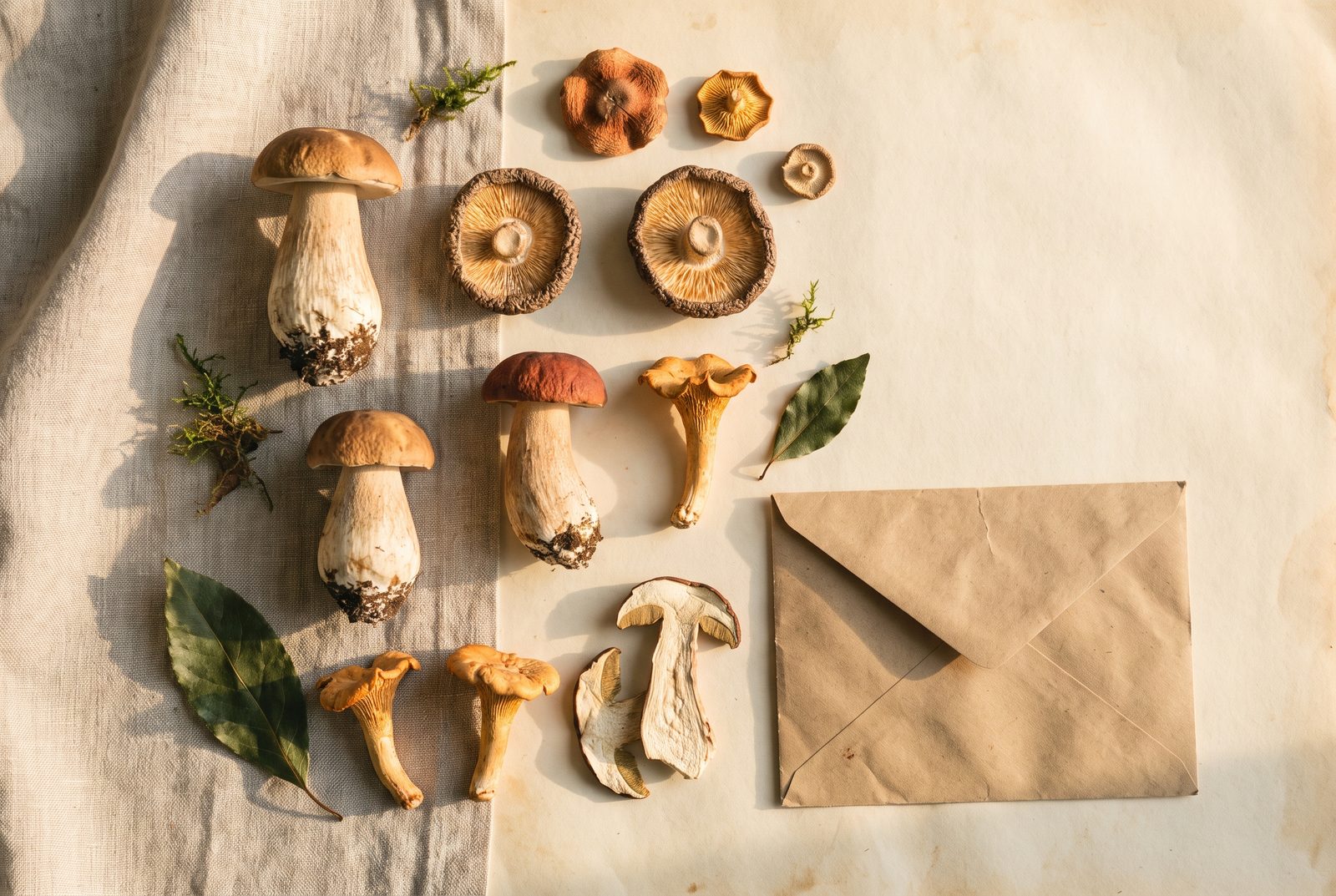 Dried mushroom specimens arranged on linen and parchment