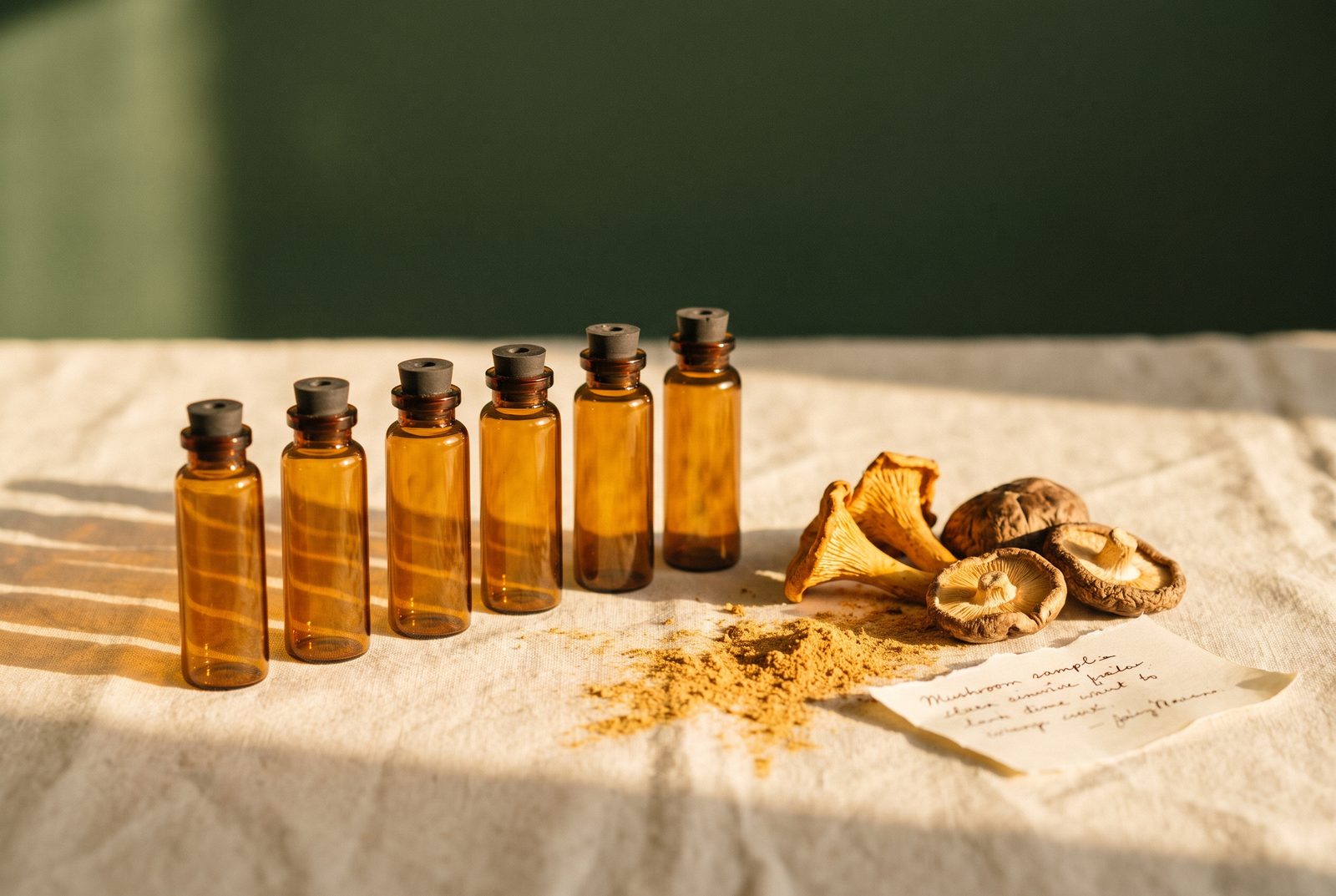 Amber sample vials and dried mushroom material prepared for testing